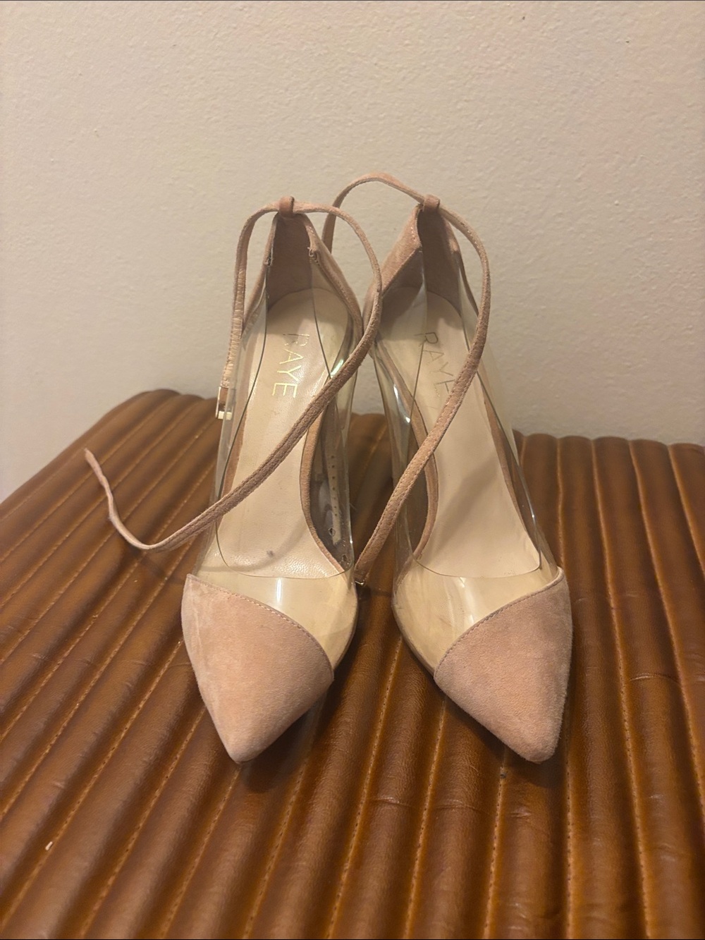 RAYE Nude Suede Pointed-Toe Ankle-Tie Heels
